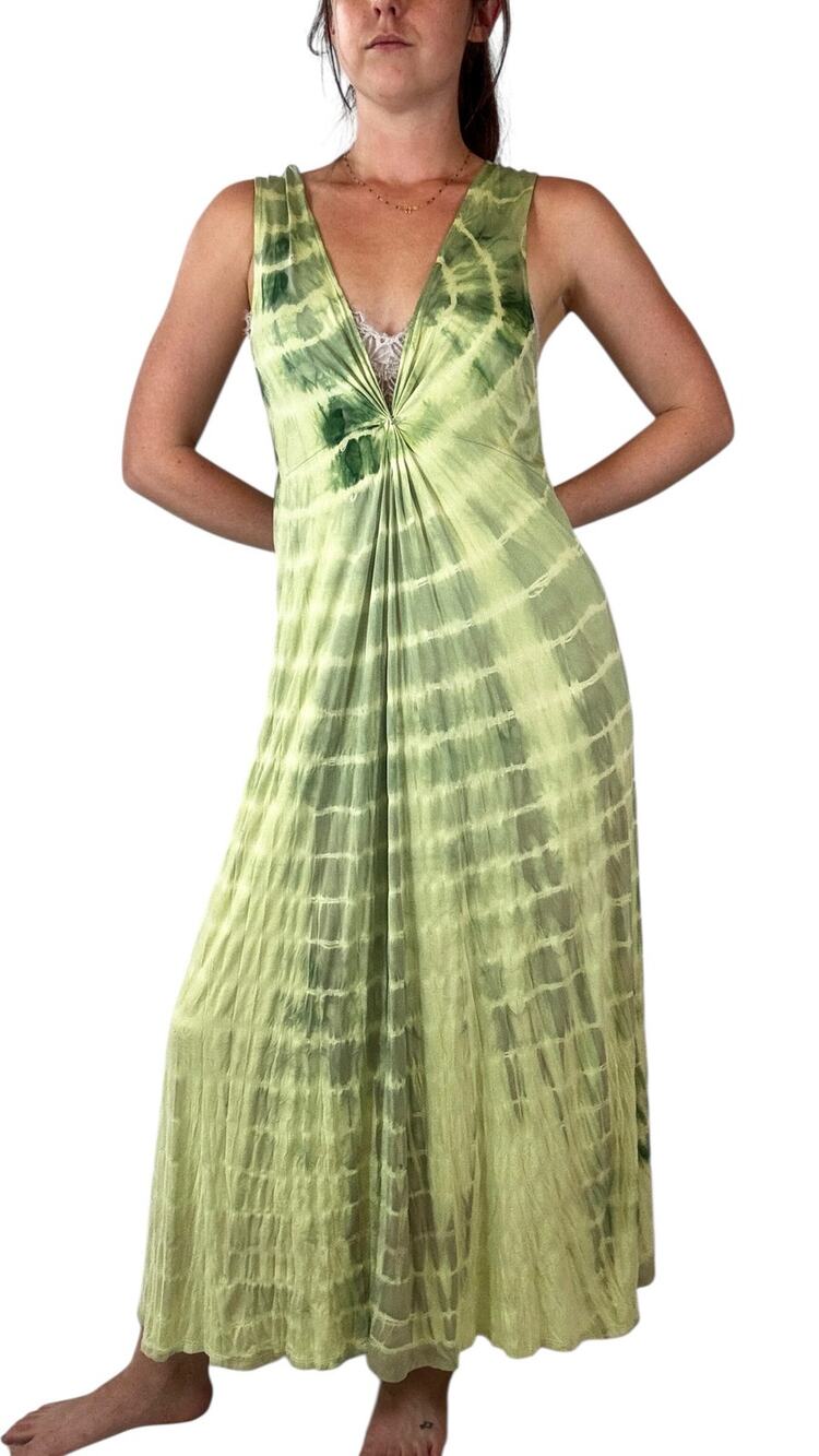 Vintage 70s Le Mystère Shibori Tie Dye Maxi Dress Green Spandex M